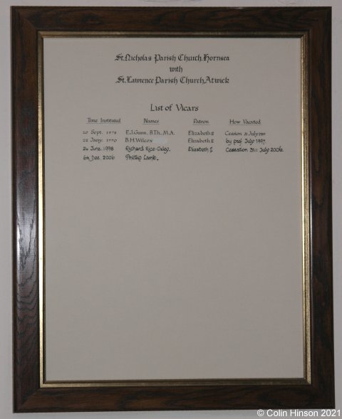 The List of Rectors and Vicars in Hornsea church.