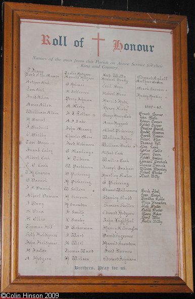 The Roll of Honour for WWI and WWII in St. Mary's Church, Huggate.