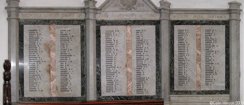 The World War I Memorial plaque in Holy Trinity Church, Hull.