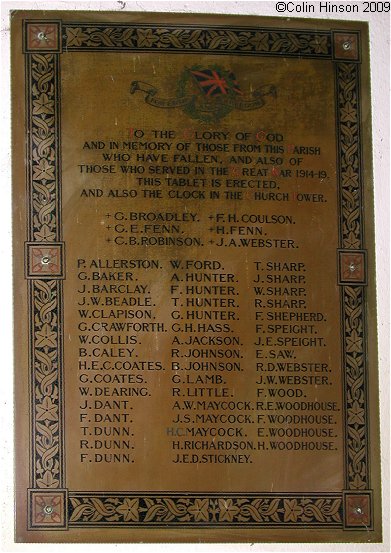 The World War I Memorial plaque in St. Peter's Church, Humbleton.