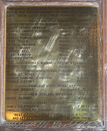 The World War I Memorial Plaque in St. Peter's Church, Hutton Cranswick.
