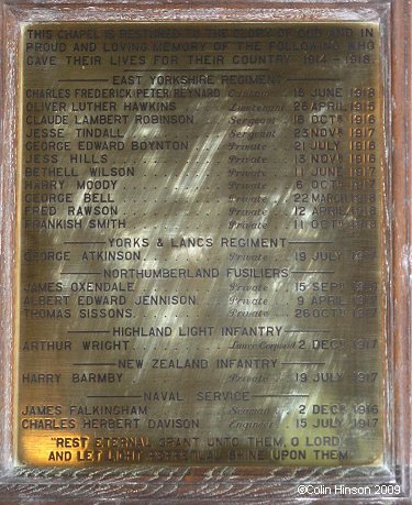 The World War I Memorial plaque in St. Peter's Church, Hutton Cranswick.