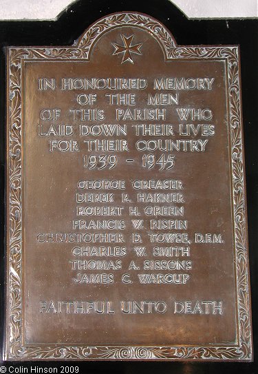 The World War II memorial plaque in All Saints Church, Kilham.
