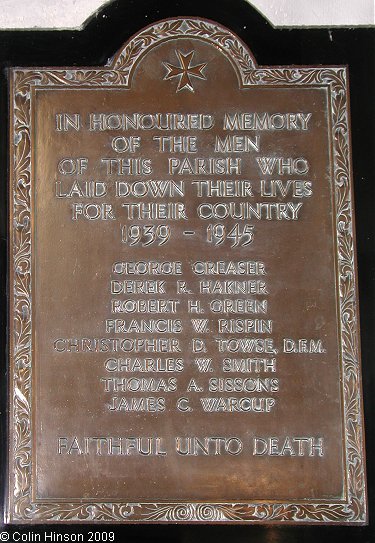 The World War II Memorial plaque in All Saints Church, Kilham.
