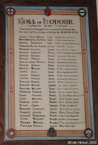 The World War I Roll of Honour in All Saints Church, Kilnwick on the Wolds.