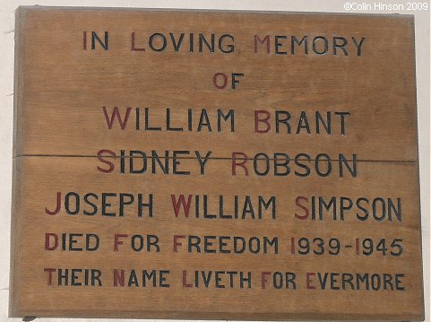 The World War II Memorial Plaque in All Saints Church, Kilnwick on the Wolds.