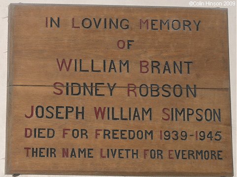 The World War II Memorial plaque in All Saints Church, Kilnwick on the Wolds.