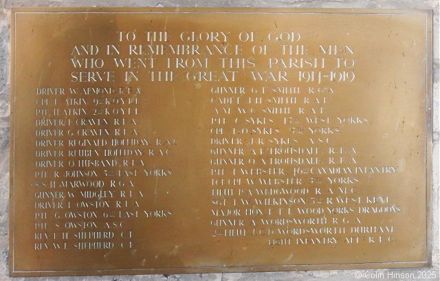 The WWI Roll of Honour in All Saints Church at Kirby Underdale.