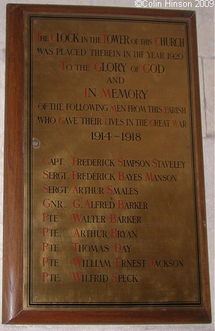 The World War I Memorial Plaque in St. Mary's Church, Kirkburn.