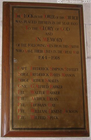 The World War I Memorial plaque in St. Mary's Church, Kirkburn.