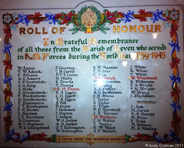 The World War II Memorial Plaque in Holy Trinity Church, Leven.