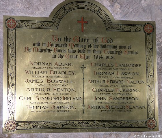 The 1914-18 Memorial plaque in Lockington Church.