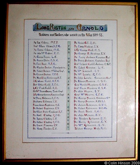 The World War I Roll of Honour in St. Margaret's Church, Long Riston.