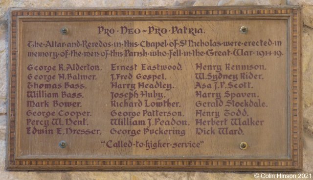 The World War I Memorial plaque in Low Catton Church.