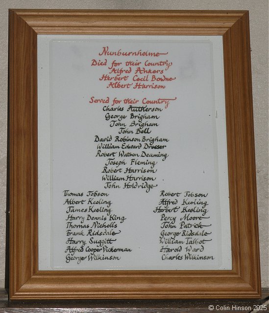 The WWI Roll of Honour in St. James's Church at Nunburnholme.
