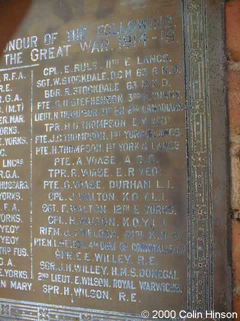 The 1914-1918 Memorial plaque in Old Ellerby Church.