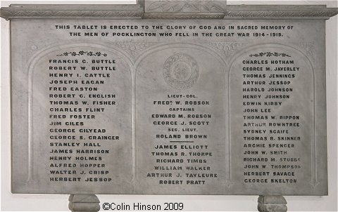 The World War I Memorial plaque in All Saints Church, Pocklington.