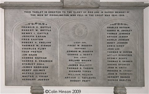 The World War I Memorial Plaque in All Saints Church, Pocklington.