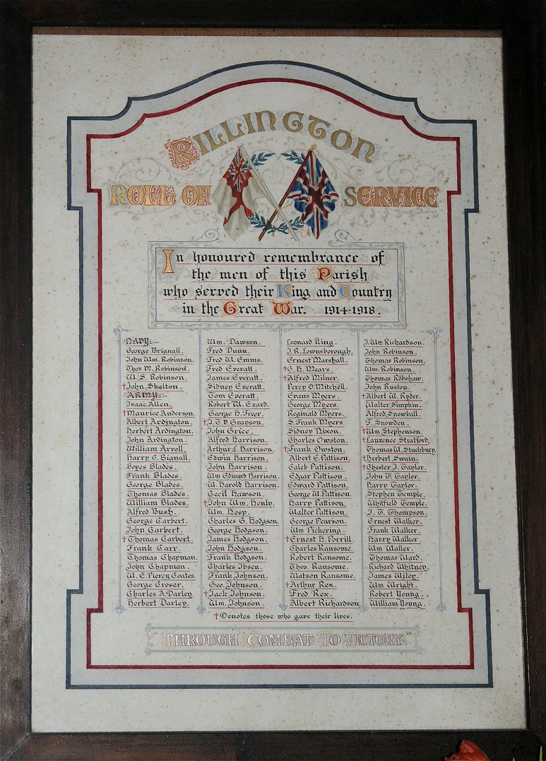 The 1914-18 Memorial plaque in the Church at Rillington.