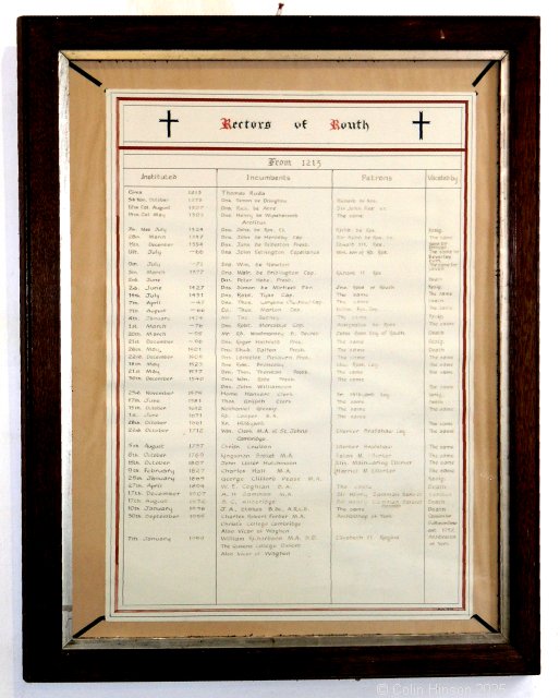 The Rectors of Routh plaque in All Saints Church at Routh.