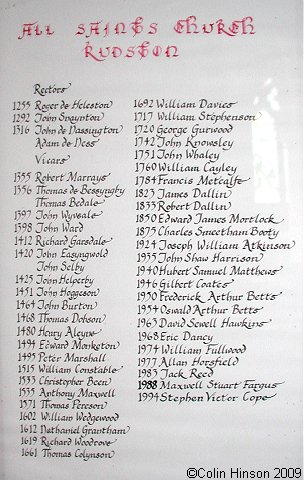 The List of Vicars and Rectors in All Saints Church, Rudston.