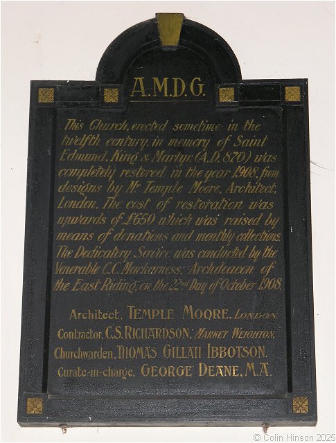 The Church History plaque in St. Edmund's Church, Seaton Ross.