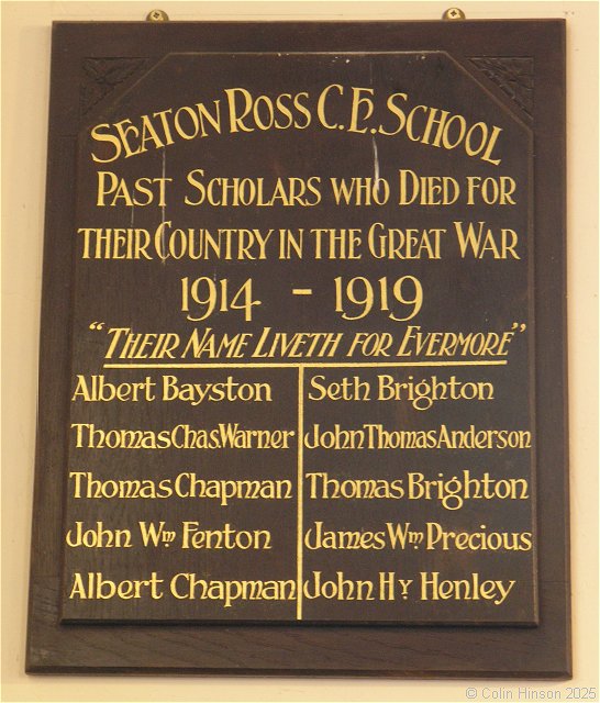 The WWI School Memorial plaque in St. Edmund's Church, Seaton Ross.