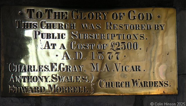 Photograph of the Church Restoration plaque in St. Helen's Church, Skipwith.