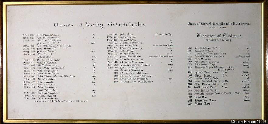 The List of Vicars in St. Mary's Church, Sledmere.