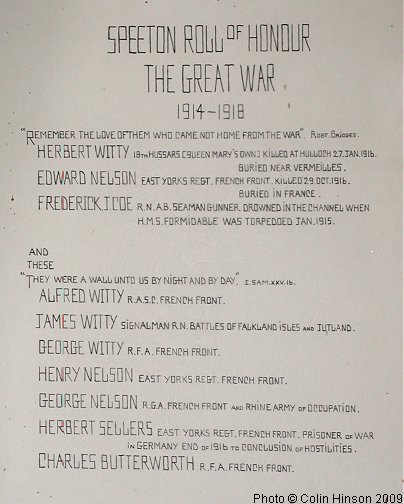 The World War I Roll of Honour in Speeton Church.