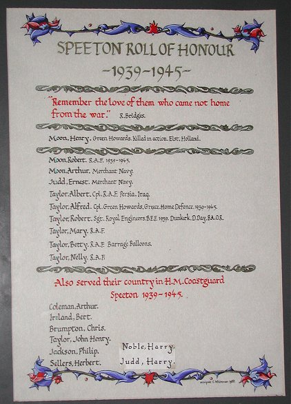 The World War II Roll of Honour in Speeton Church.