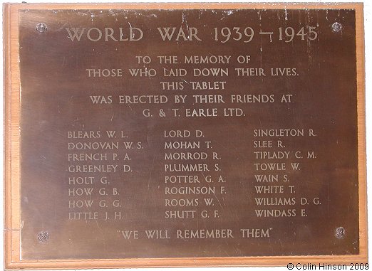 The World War II Memorial plaque in St. James's Church, Sutton on Hull.