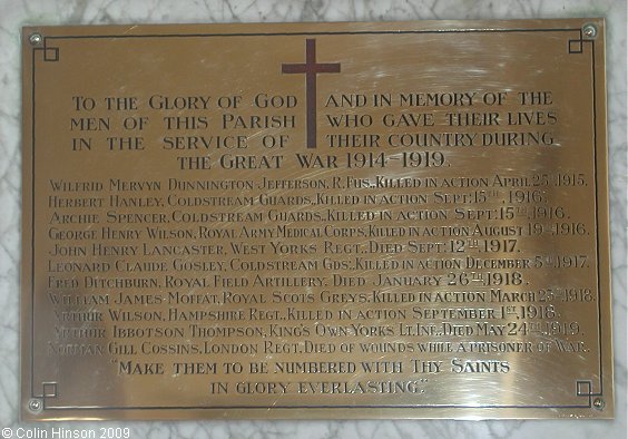 The World War I Memorial plaque in St. Helen's, Thorganby.
