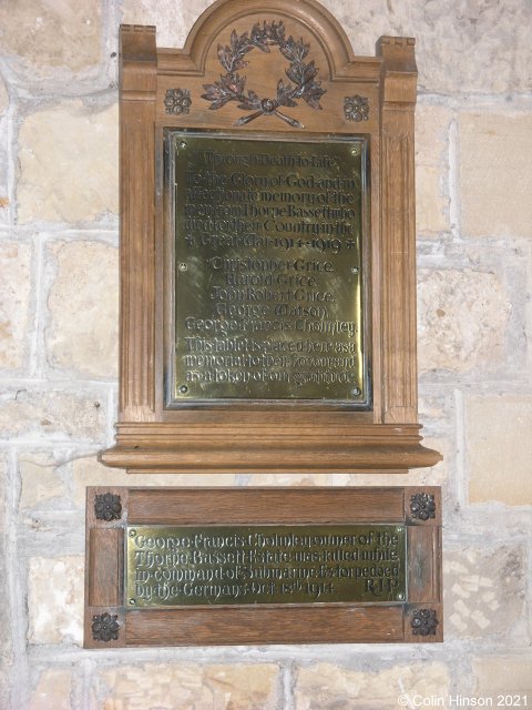 The 1914-1919 Memorial plaques in Thorpe Bassett Church.