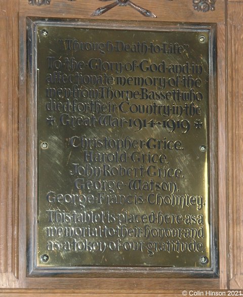 The 1914-1919 Memorial plaques in Thorpe Bassett Church.