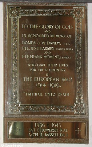 The War Memorial plaque in All Saints Church, Thwing.