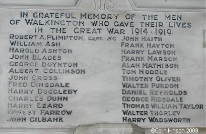 The World War I Memorial Plaque in All Hallows Church, Walkington.
