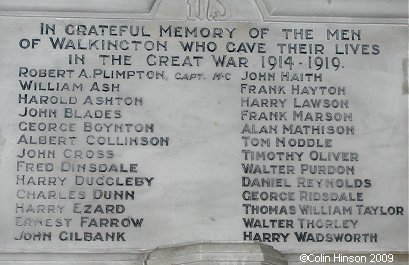 The World War I Memorial plaque in All Hallows Church, Walkington.