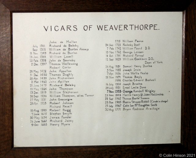 The List of Vicars in Weaverthorpe church.