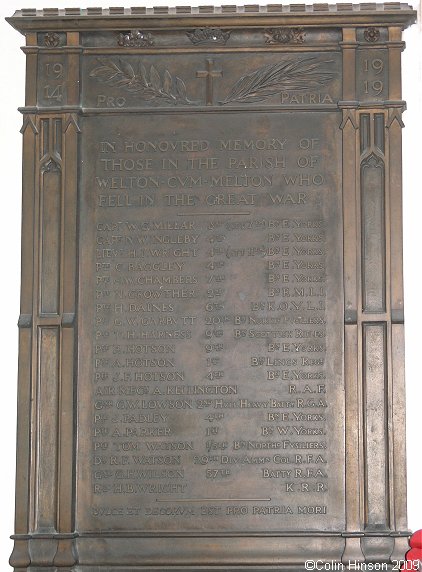 The World War I Memorial plaque in St. Helen's Church, Welton.