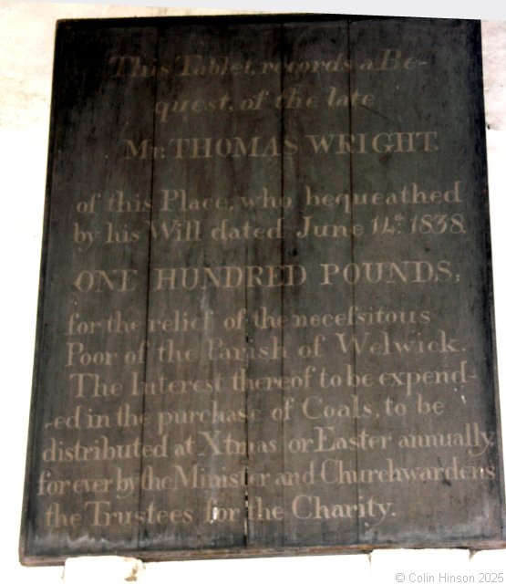 The The Benefaction plaque in St. Mary's Church, Welwick.