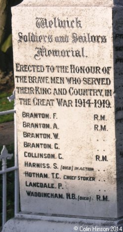 The World Wars I and II War Memorial and Roll of Honour, at Welwick.