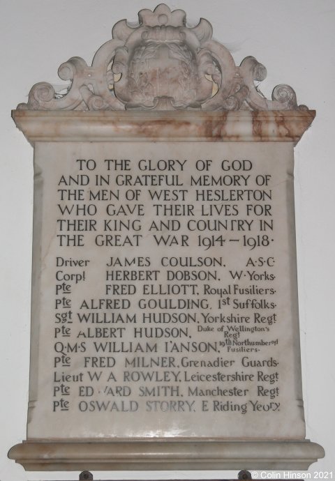 The WWI Memorial plaque in West Heslerton church.