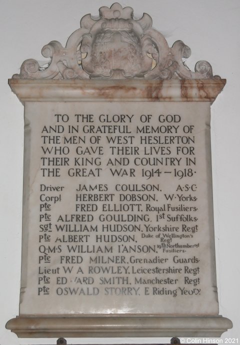 The WWI Memorial plaque in West Heslerton church.