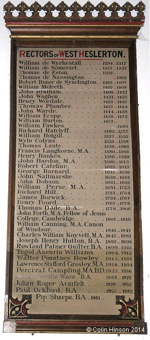 The List of the Incumbents at All Saints Church, West Heslerton.