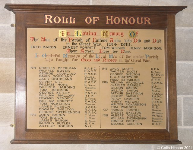 The WWI Memorial plaque in West Lutton church.
