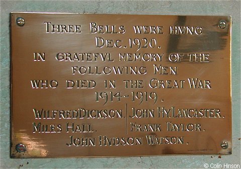 The War Memorial plaque in St. Helen's Church, Wheldrake.