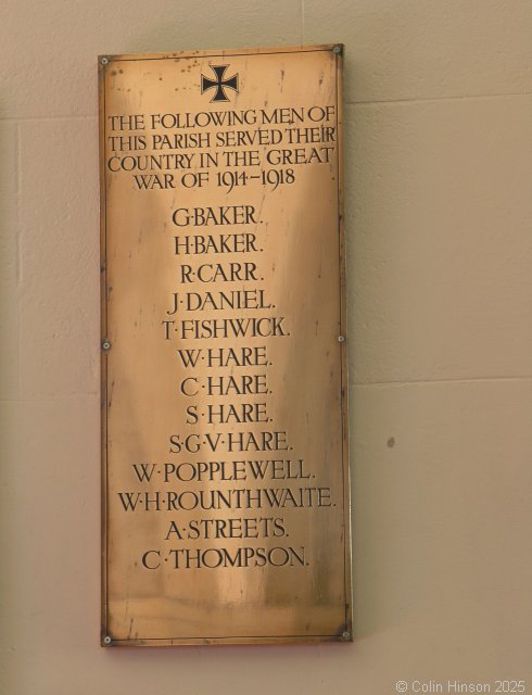 The WWI Memorial plaque in St. John's Church, Wilberfoss.