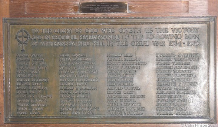 The World War I Memorial Plaque in Withernsea Church.