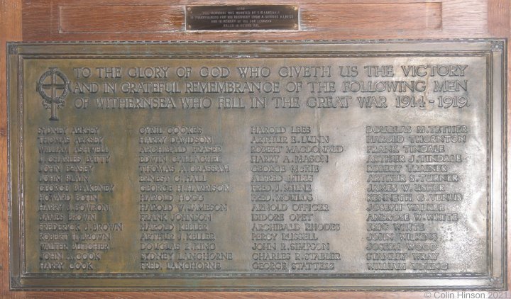 The World War I Memorial plaque in Withernsea Church.